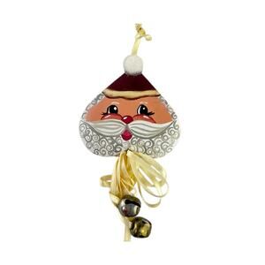 Hand Painted Wooden Santa Face Ornament with Jingle Bells 2.5”